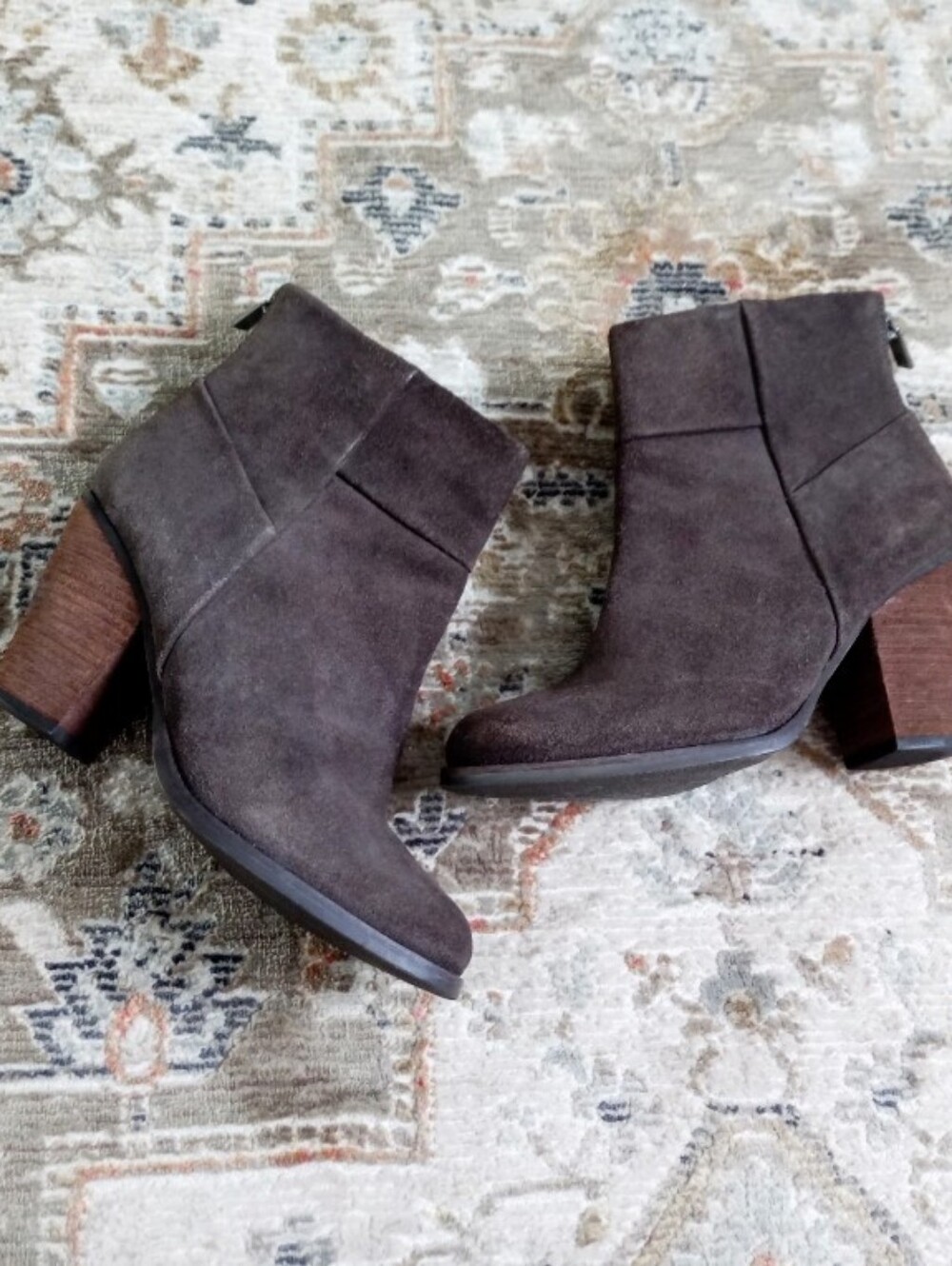 Arturo Chiang taupe brown suede leather stacked heel ankle boots